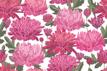  Floral vector seamless pattern. Delicate pink autumn chrysanthemums.