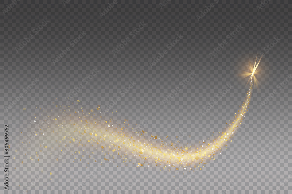 Vector golden sparkling falling star. Stardust trail. Cosmic glittering wave. - obrazy, fototapety, plakaty 