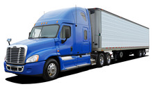 Big Truck Freightliner Cascadia With Blue Cab Isolated On A White Background.
