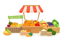 Vegetable Fruit Local Farmer Market In Cartoon Style