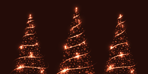Wall Mural - Vector Christmas and New Year design for gift card, advertisment, banners. Shining fir trees made of golden lights, glow and sparkles on dark orange background.