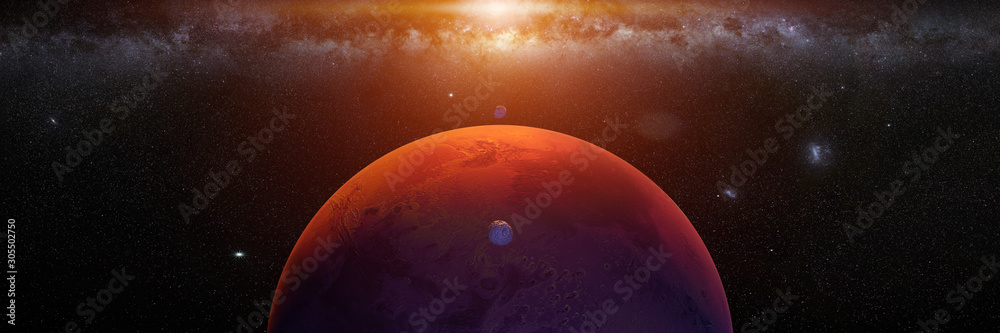planet Mars with monns Phobos and Deimos, sunrise on the red planet - obrazy, fototapety, plakaty 