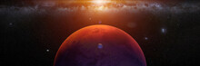 Planet Mars With Monns Phobos And Deimos, Sunrise On The Red Planet