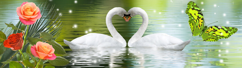 Wall Mural - image of beautiful flowers and swans on the water close up