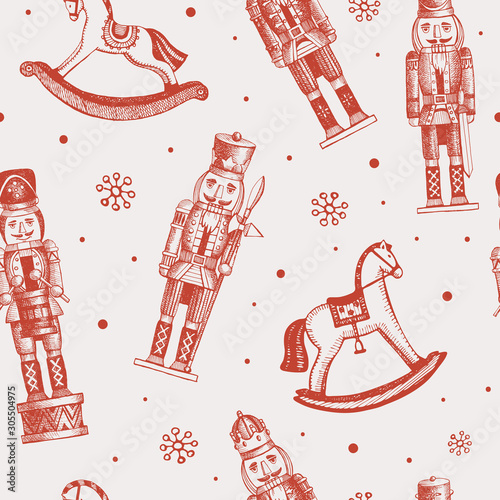 Fotomural Seamless pattern with soldiers nutcrackers and rocking horses