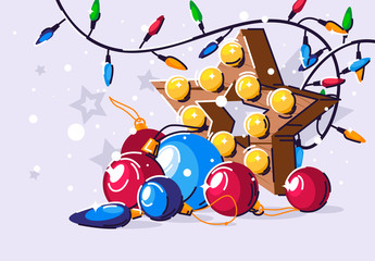 Wall Mural - vector illustration of christmas tree toys with christmas colorful garland, decorative element woode