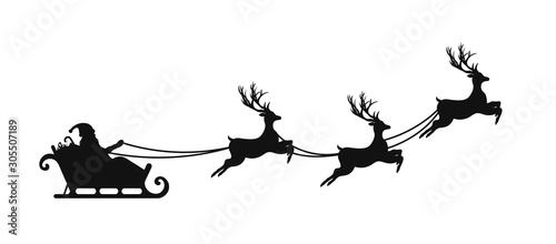 Santa Claus Is Flying In Sleigh With Christmas Reindeer