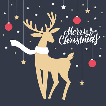 Christmas deer. Merry Christmas brush lettering quote. Flat silhouette illustration.