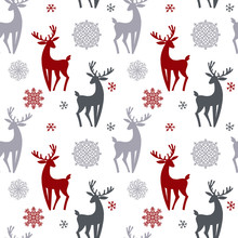 Beautiful Simple Christmas Seamless Pattern With Silhouette Of Gorgeous Deers And Snowflake. Amazing Winter Holiday Wallpaper For Your Design. Flat Illustration
