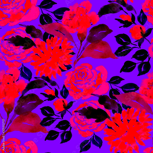Watercolor seamless pattern with hand drawn flower. Vintage floral print. Bot...