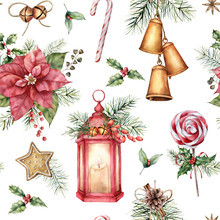 Watercolor Christmas Seamless Pattern With Holiday Symbols. Hand Painted Lantern, Poinsettia, Bells, Lollipop Isolated On White Background. Winter Botanical Illustration For Design, Print, Background.