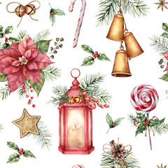 Watercolor Christmas seamless pattern with holiday symbols. Hand painted lantern, poinsettia, bells, lollipop isolated on white background. Winter botanical illustration for design, print, background.