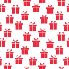 Seamless vector Gift pattern, red gift boxes on white background.