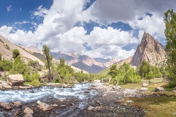 Fototapete - Summer mountains landscape. Mountain river in valley in Tajikistan. Beautiful view on scenery rocks and mountain nature
