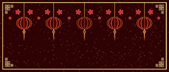 Five red chinese lanterns on scarlet floral background 3D illustration with copy space