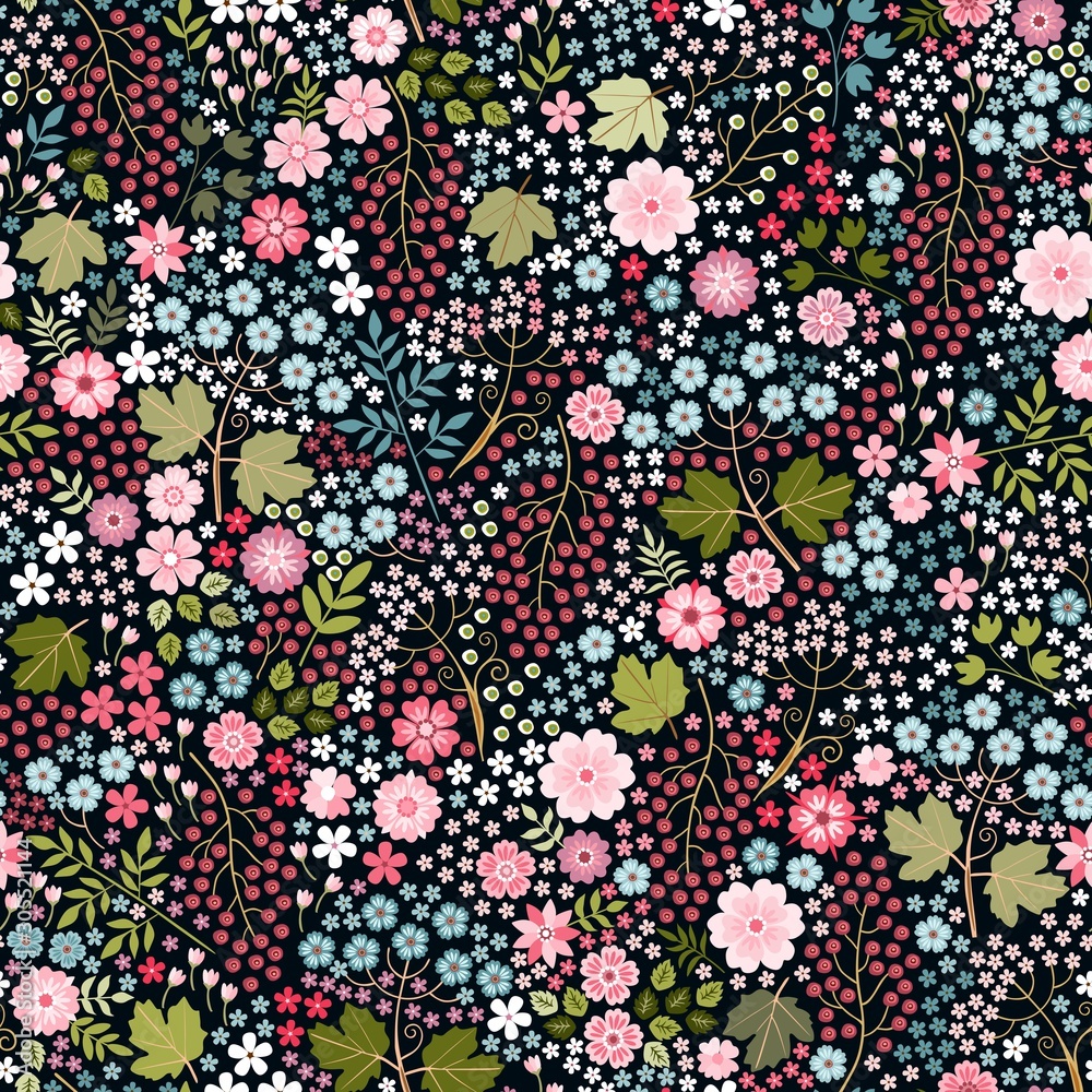 Ditsy floral seamless pattern with pink and blue flowers, green leaves ...