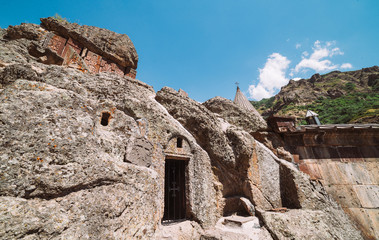 Geghard medieval armenian monastery in the caucasus mountains. Ancient architecture. Orthodox church. UNESCO world heritage