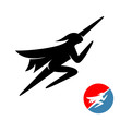 Flying superhero man logo. Human black silhouette fly up with hand forward. Sport super hero in a cape and a mask.