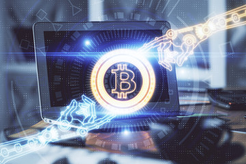 multi exposure of blockchain theme hologram and table with computer background. concept of bitcoin c