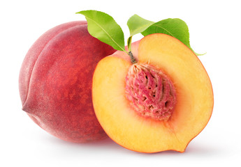 Poster - Isolated peach fruits. One whole fresh peach and a half with kernel and leaves isolated on white background with clipping path