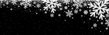 Black Christmas Banner With White Blurred Snowflakes. Merry Christmas And Happy New Year Greeting Banner. Horizontal New Year Background, Headers, Posters, Cards, Website. Vector Illustration