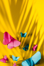 Fragile Butterflies Made Of Paper With Palm Tree Leaf Shadow Attached To Yellow Cardboard Background