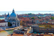 aerial panoramic view of the venice lagoon and santa maria della salute from the bell tower of san marco, Venice, Italy