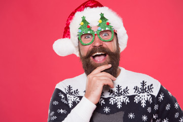 Wall Mural - Believe in magic of Christmas. Happy santa wear Christmas tree glasses. Bearded man smile with santa look. Christmas eve party. Merry christmas. Happy New Year