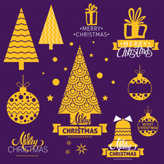 Wall Mural - A vector christmas icons set. Merry christmas lettering with christmas trees, bells and decorative balls. Christmas icons in gold and purple colors