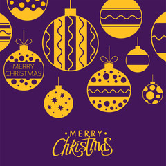 Wall Mural - A vector christmas balls set. Merry christmas lettering with christmas with ornamented balls. Christmas decoration and souvenirs in gold and purple colors. 