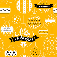 Wall Mural - A vector christmas seamless pattern. Merry christmas lettering with ornamented balls. Christmas decoration and souvenirs in yellow and white colors. 