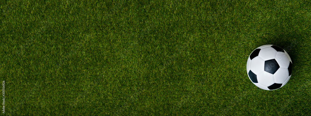 Obraz na płótnie Closeup of soccer ball on green grass w salonie