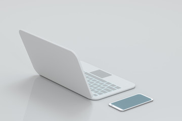 Sticker - Laptop and phone with white background, technological concept, 3d rendering.