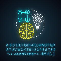 Wall Mural - Artificial intelligence for robotics neon light concept icon. Smart computer system idea. Machine knowledge. Thinking and analysing. Glowing sign with alphabets. Vector isolated illustration