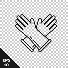 Sticker - Black line Rubber gloves icon isolated on transparent background. Latex hand protection sign. Housework cleaning equipment symbol. Vector Illustration