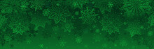 Green Christmas Banner With Snowflakes. Merry Christmas And Happy New Year Greeting Banner. Horizontal New Year Background, Headers, Posters, Cards, Website.Vector Illustration