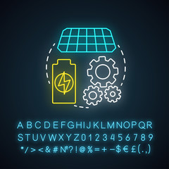 Poster - Recharge technology neon light concept icon. Sun batteries idea. Modern accumulators, power units. Innovative energy source. Glowing sign with alphabet, numbers, symbols. Vector isolated illustration