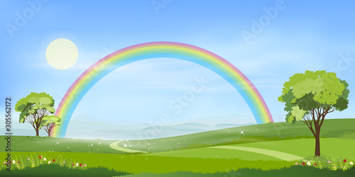 Panorama view of spring village with green meadow on hills with blue sky and rainbow after rain,Vector cartoon Spring or Summer landscape, Panorama countryside mountains with flowers fields