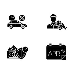 Poster - Credit glyph icons set. Car credit with interest rate. Borrow, loan money. Pay for insurance. Annual percentage rate report. APR calculations. Silhouette symbols. Vector isolated illustration