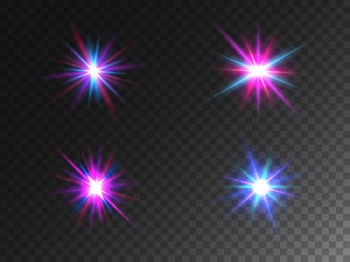 Poster - Glowing lights collection isolated on transparent backdrop. Color glare effects. Set of colorful particles. Shining rays with bright effect. Different lens flares. Vector illustration