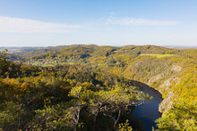 A beautiful meander of Vltava river from Vyhlidka Maj (Viewpoint May). Autumn landscape of central Bohemia near Vltava river.