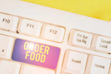 Text sign showing Order Food. Business photo text the process of requesting a preferred food in a restaurant White pc keyboard with empty note paper above white background key copy space