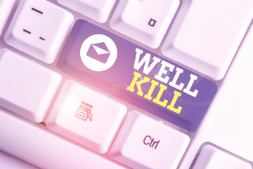 Poster - Word writing text Well Kill. Business photo showcasing operation of placing a column of heavy fluid into a well bore White pc keyboard with empty note paper above white background key copy space