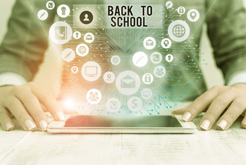 Poster - Word writing text Back To School. Business photo showcasing New Teachers Friends Books Uniforms Promotion Tuition Fee