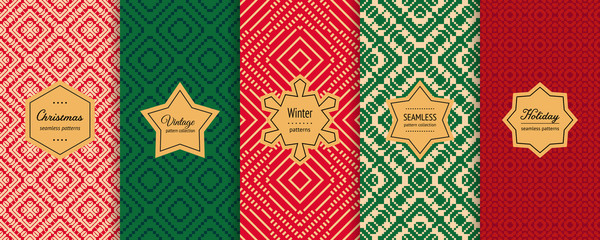 christmas vector seamless patterns collection. set of colorful holiday background swatches with eleg