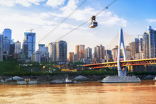 View from cableway over Yangtze river in Chongqing city (Chongqing, China)