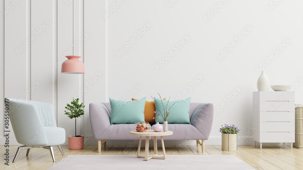 Bright and cozy modern living room interior have sofa and lamp with white wall background. - obrazy, fototapety, plakaty 
