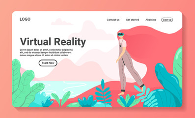 VR virtual reality concept girl augmented glasses landing page vector flat illustration background