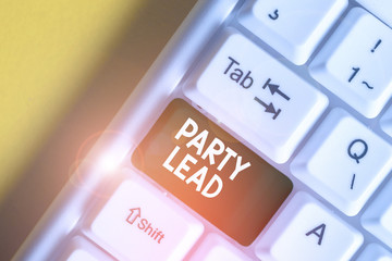 Text sign showing Party Lead. Business photo text acts as the official representative of their political party White pc keyboard with empty note paper above white background key copy space