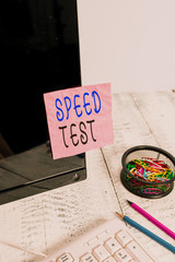Poster - Handwriting text writing Speed Test. Conceptual photo psychological test for the maximum speed of performing a task Note paper taped to black computer screen near keyboard and stationary